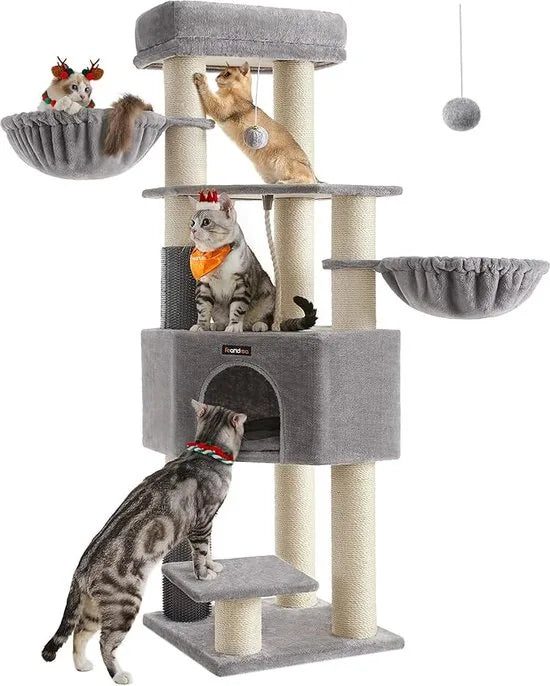 Feandrea PCT003N01 Krabpaal met zelfverwarmende dekens, voor grote katten, kattenboom, 2 kattenborstels, 9 dikke stammen van 11,1 cm in diameter, grote platforms, hol, 50 x 50 x 160 cm,