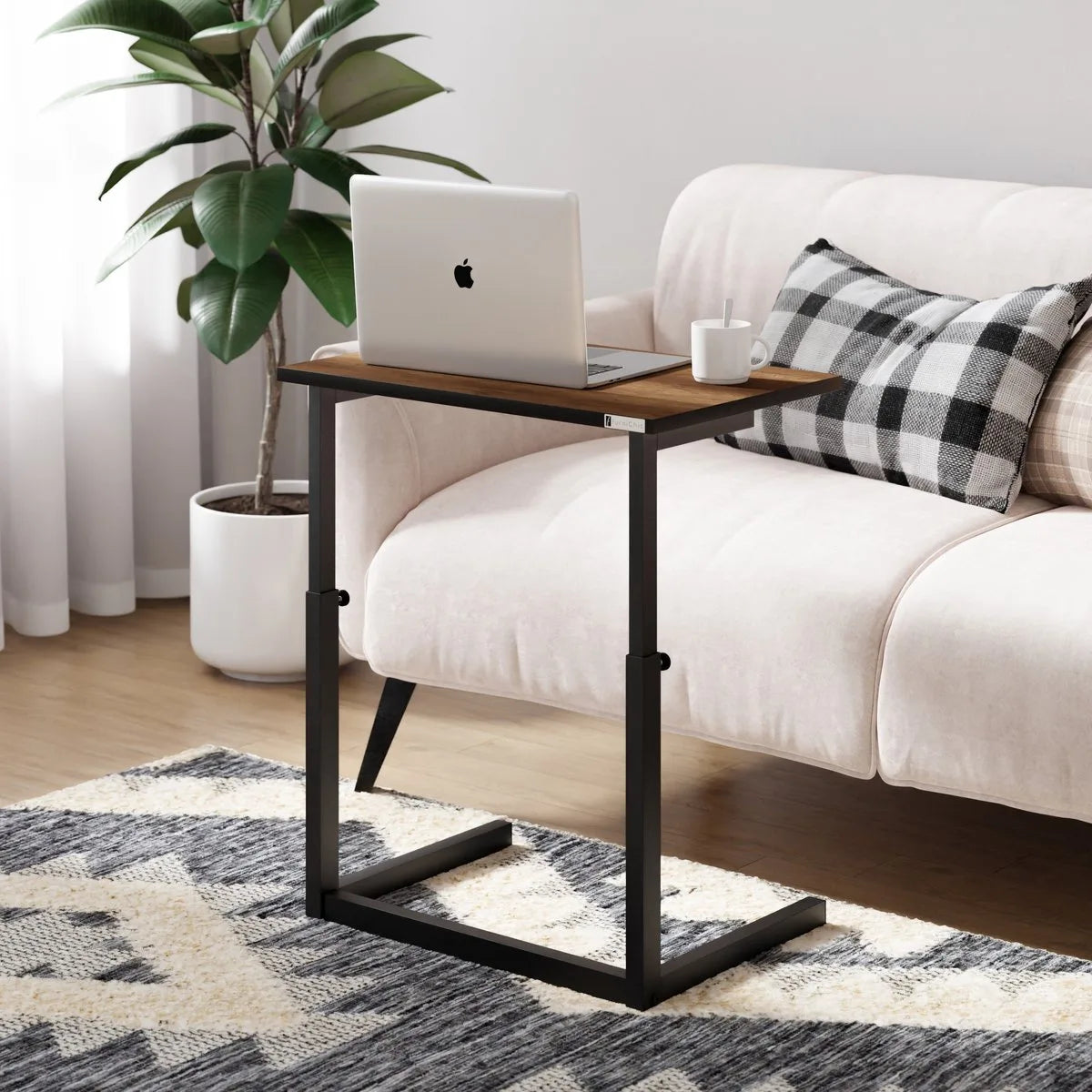 FurniChic - Bijzettafel - Houten en Metalen - Wit - Hoogte Verstelbaar Laptoptafel - Thuis en Kantoor - 60x40x43/73 cm – Walnoot
