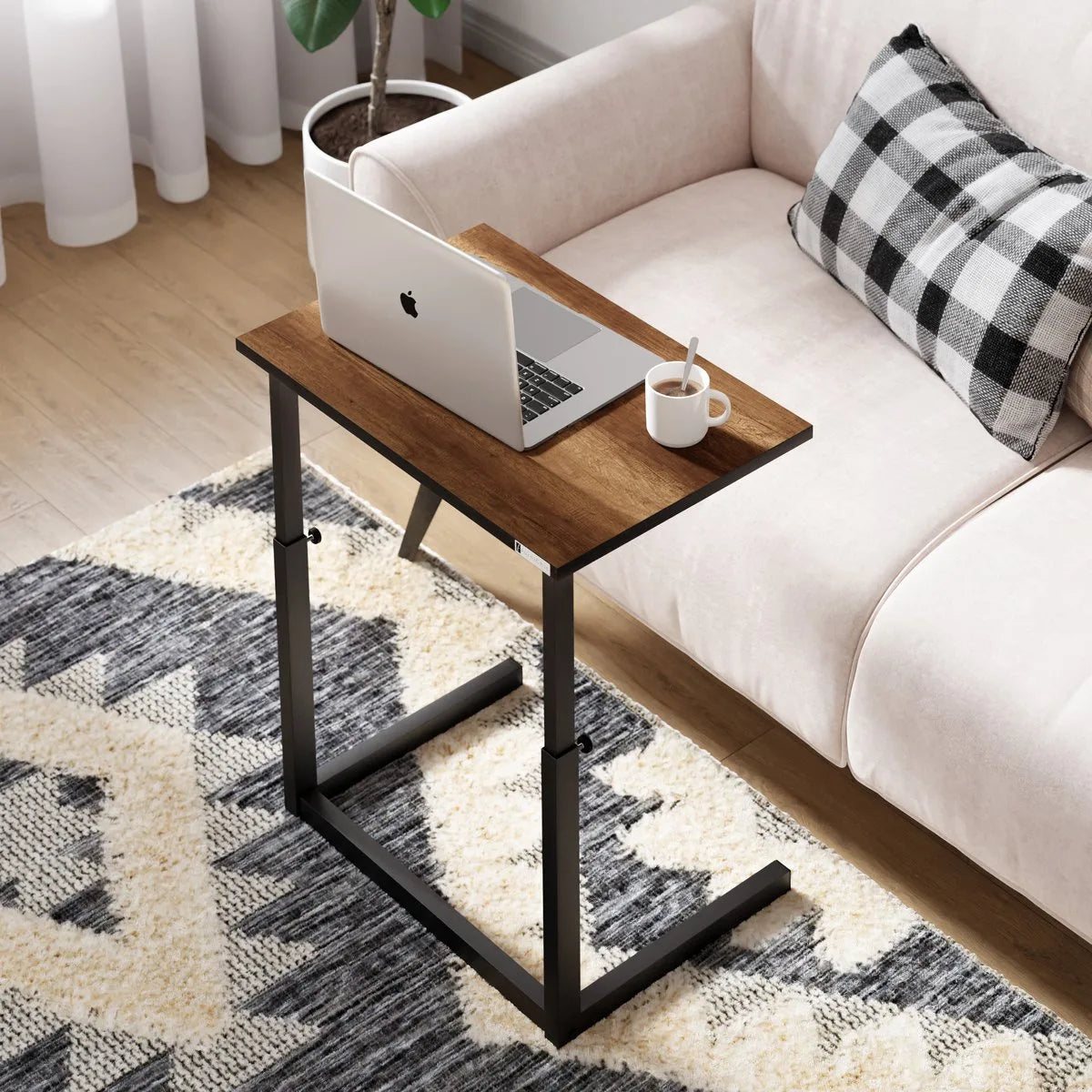 FurniChic - Bijzettafel - Houten en Metalen - Wit - Hoogte Verstelbaar Laptoptafel - Thuis en Kantoor - 60x40x43/73 cm – Walnoot
