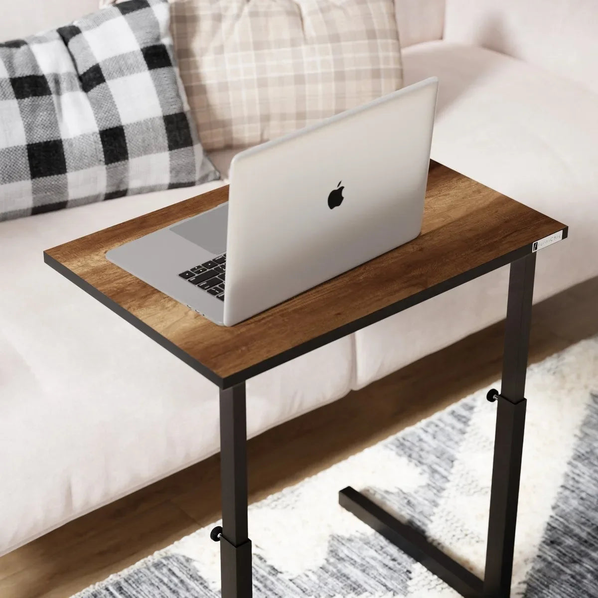 FurniChic - Bijzettafel - Houten en Metalen - Wit - Hoogte Verstelbaar Laptoptafel - Thuis en Kantoor - 60x40x43/73 cm – Walnoot