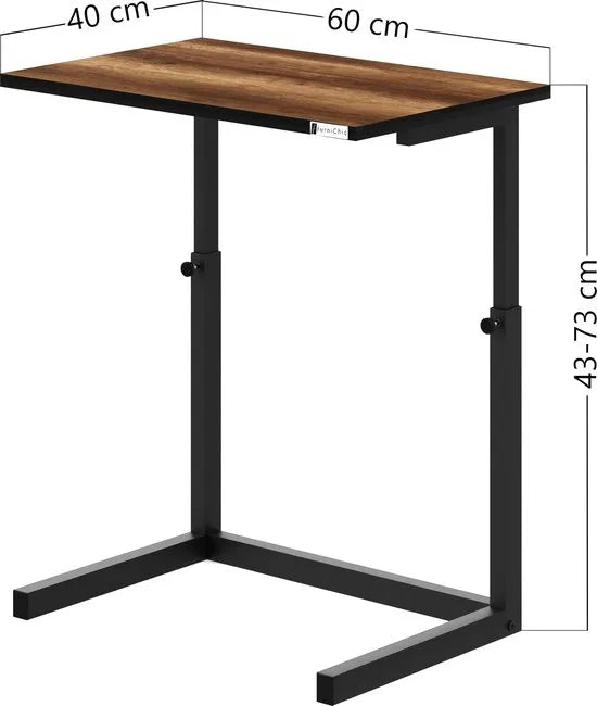FurniChic - Bijzettafel - Houten en Metalen - Wit - Hoogte Verstelbaar Laptoptafel - Thuis en Kantoor - 60x40x43/73 cm – Walnoot
