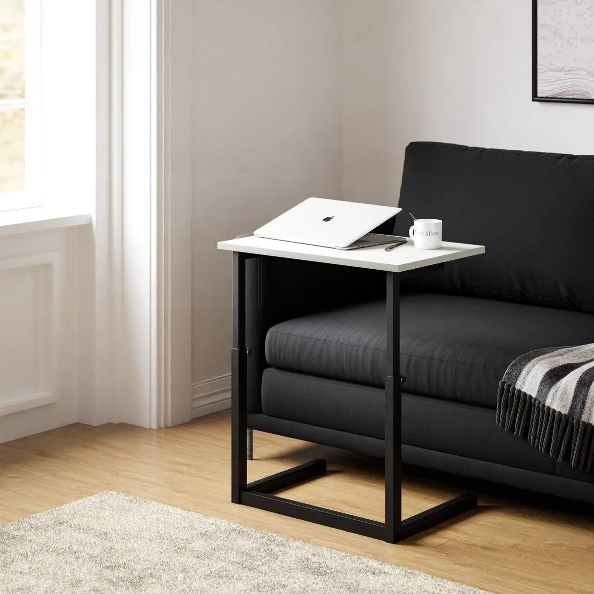 FurniChic - Bijzettafel - Houten en Metalen - Wit - Hoogte Verstelbaar Laptoptafel - Thuis en Kantoor - 60x40x43/73 cm