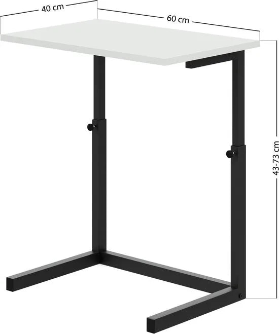 FurniChic - Bijzettafel - Houten en Metalen - Wit - Hoogte Verstelbaar Laptoptafel - Thuis en Kantoor - 60x40x43/73 cm