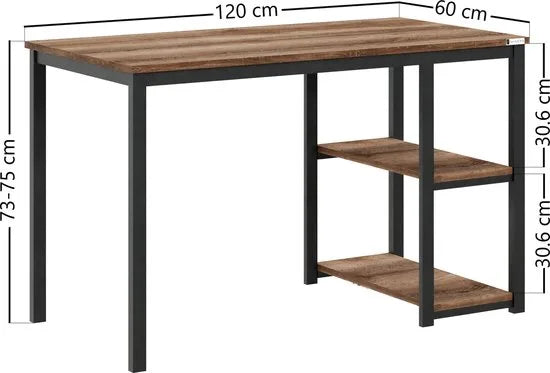 FurniChic-Computertafel -PC Tafel -Bureautafel met 2 Legplanken-E1 Certified- Stalen Frame-Wit-Thuis & Kantoor-120x60x73 cm – Oak(sacramento eik)