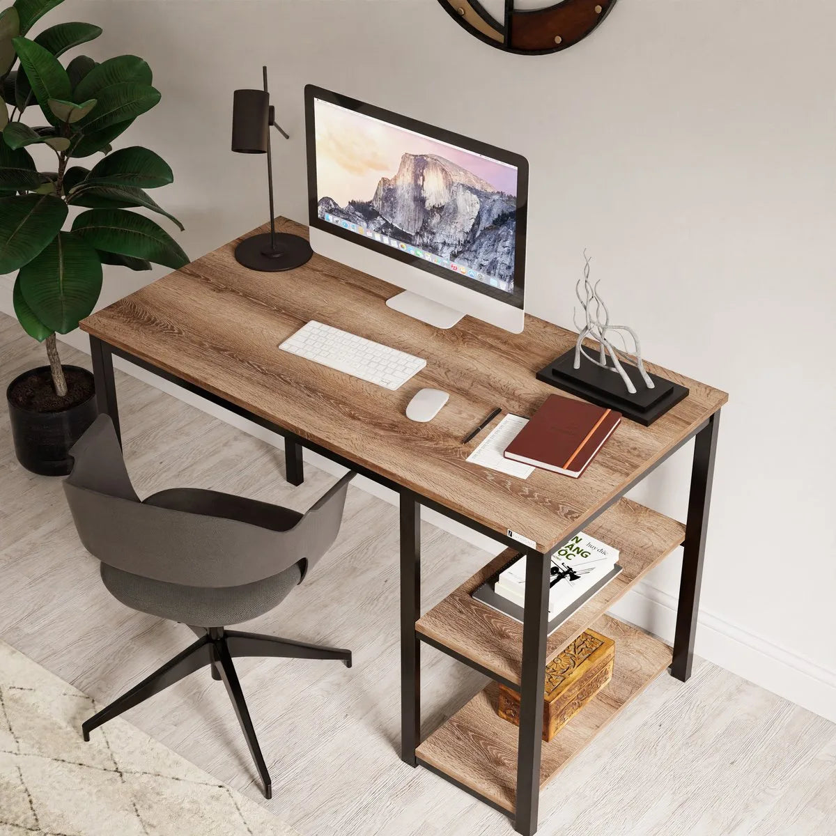 FurniChic-Computertafel -PC Tafel -Bureautafel met 2 Legplanken-E1 Certified- Stalen Frame-Wit-Thuis & Kantoor-120x60x73 cm – Oak(sacramento eik)
