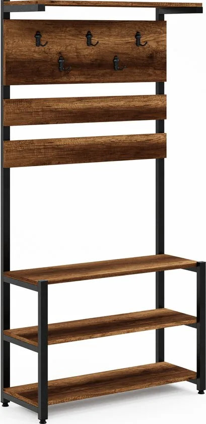 FurniChic- Kapstok- Staande Kapstok - Garderoberek - Schoenenrek -Industrieel - Hout en Metaal- Bruin- 35x90x180cm