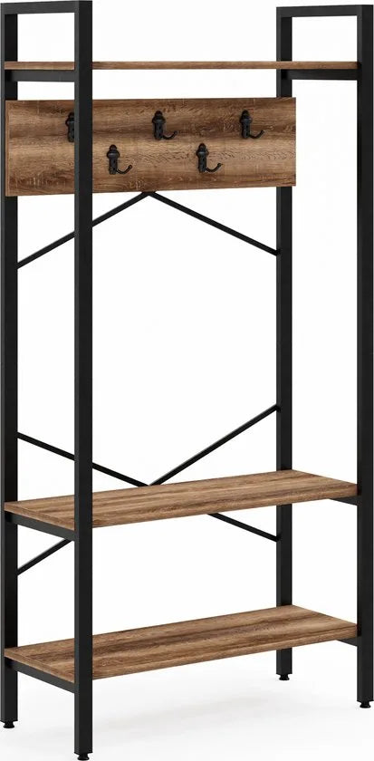 FurniChic- Kapstok- Staande Kapstok - Garderoberek - Schoenenrek -Industrieel - Hout en Metaal- Wit - 35x90x180cm – Oak