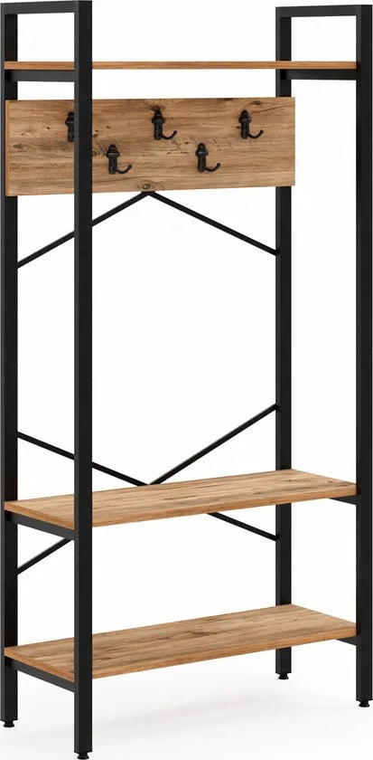 FurniChic- Kapstok- Staande Kapstok - Garderoberek - Schoenenrek -Industrieel - Hout en Metaal- Wit - 35x90x180cm – Pine