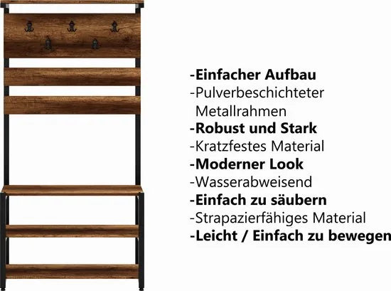 FurniChic- Kapstok- Staande Kapstok - Garderoberek - Schoenenrek -Industrieel - Hout en Metaal- Wit - 35x90x180cm – Barok walnoot