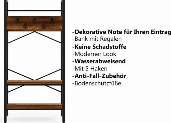 FurniChic- Kapstok- Staande Kapstok - Garderoberek - Schoenenrek -Industrieel - Hout en Metaal- Wit - 35x90x180cm – Brk. walnoot