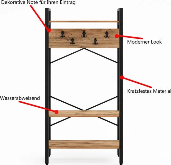 FurniChic- Kapstok- Staande Kapstok - Garderoberek - Schoenenrek -Industrieel - Hout en Metaal- Wit - 35x90x180cm – Pine