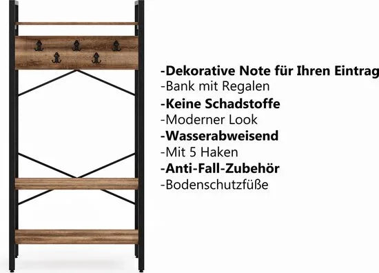 FurniChic- Kapstok- Staande Kapstok - Garderoberek - Schoenenrek -Industrieel - Hout en Metaal- Wit - 35x90x180cm – Oak