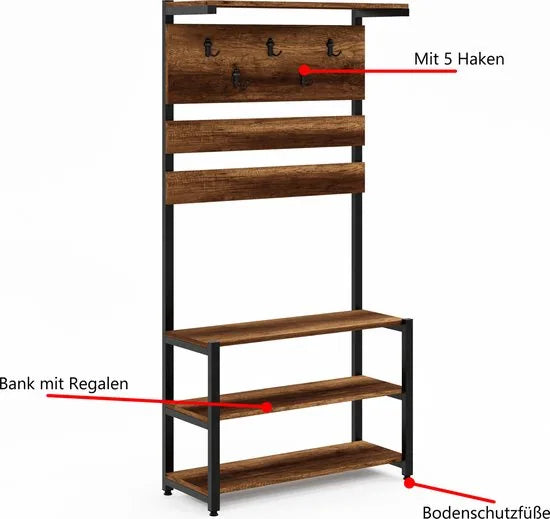 FurniChic- Kapstok- Staande Kapstok - Garderoberek - Schoenenrek -Industrieel - Hout en Metaal- Wit - 35x90x180cm – Barok walnoot
