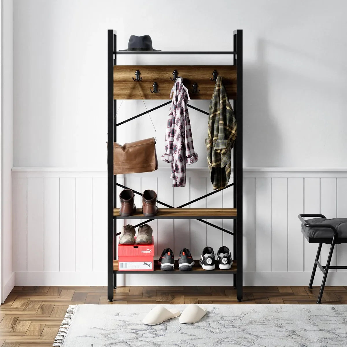 FurniChic- Kapstok- Staande Kapstok - Garderoberek - Schoenenrek -Industrieel - Hout en Metaal- Wit - 35x90x180cm – Brk. walnoot