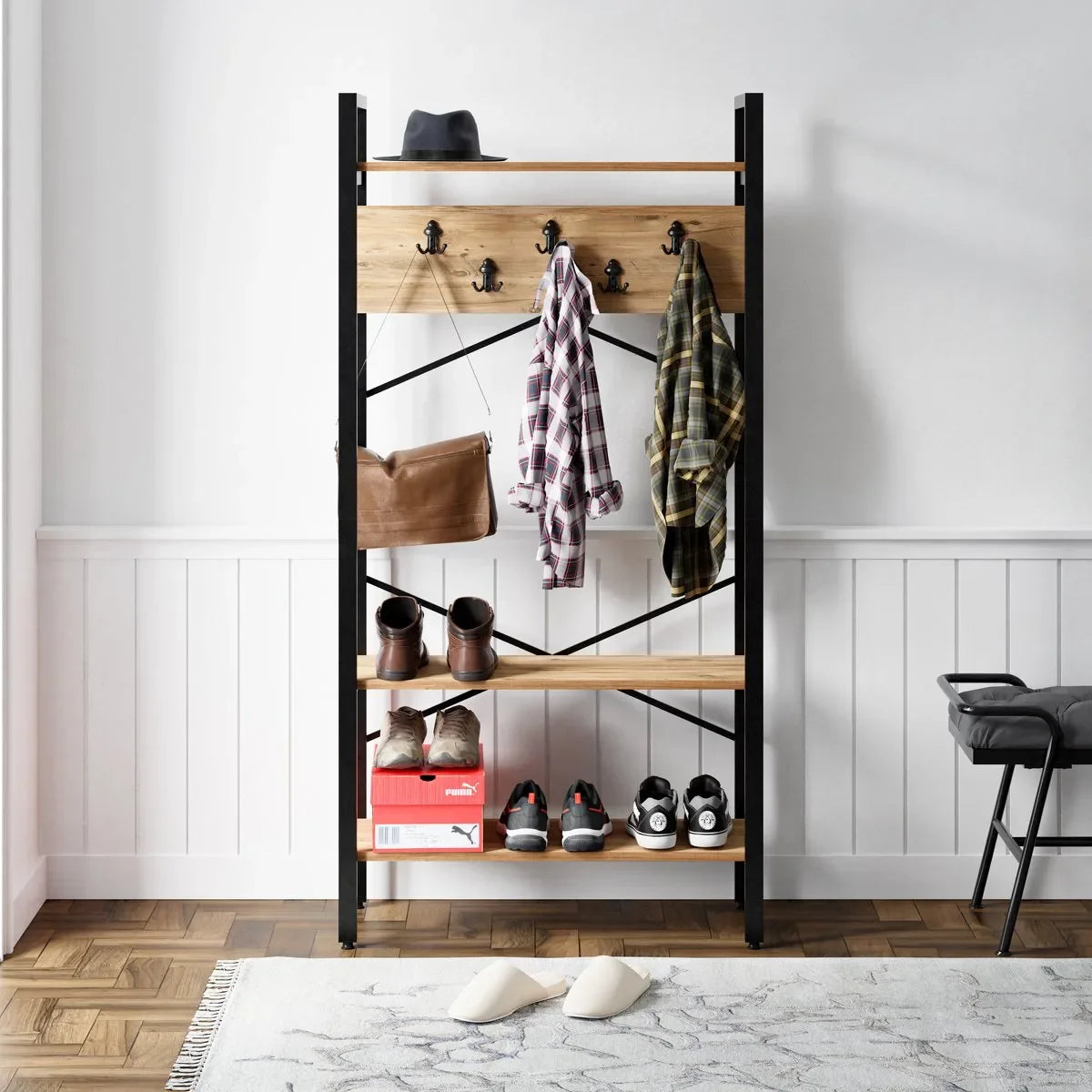 FurniChic- Kapstok- Staande Kapstok - Garderoberek - Schoenenrek -Industrieel - Hout en Metaal- Wit - 35x90x180cm – Pine