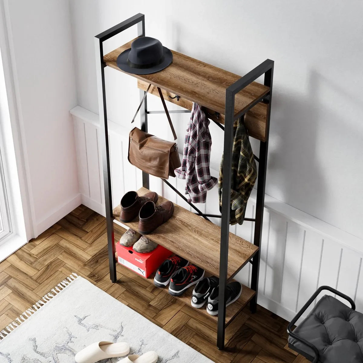 FurniChic- Kapstok- Staande Kapstok - Garderoberek - Schoenenrek -Industrieel - Hout en Metaal- Wit - 35x90x180cm – Oak