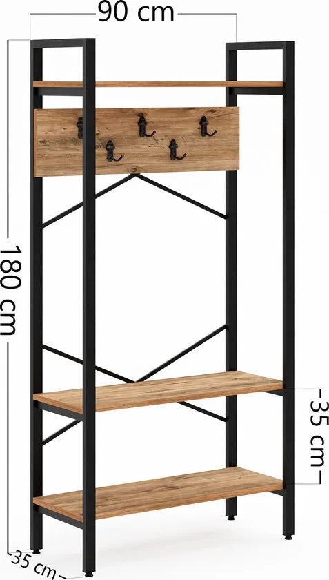 FurniChic- Kapstok- Staande Kapstok - Garderoberek - Schoenenrek -Industrieel - Hout en Metaal- Bruin- 35x90x180cm