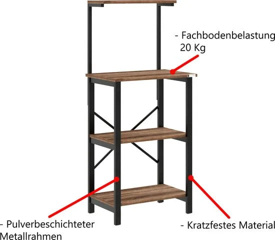 FurniChic - Keukentrolley - Keukenkast - Keukenrek Staand - Industrieel - Bruin- 60x40x128cm