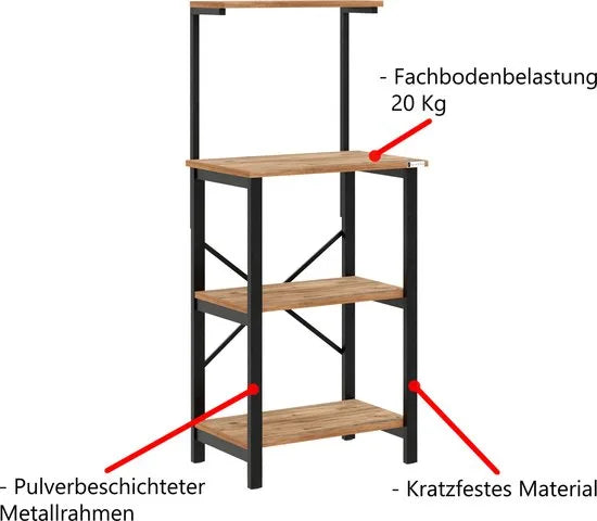 FurniChic - Keukentrolley - Keukenkast - Keukenrek Staand - Industrieel - Bruin- 60x40x128cm – Pine(atlantische grenen)