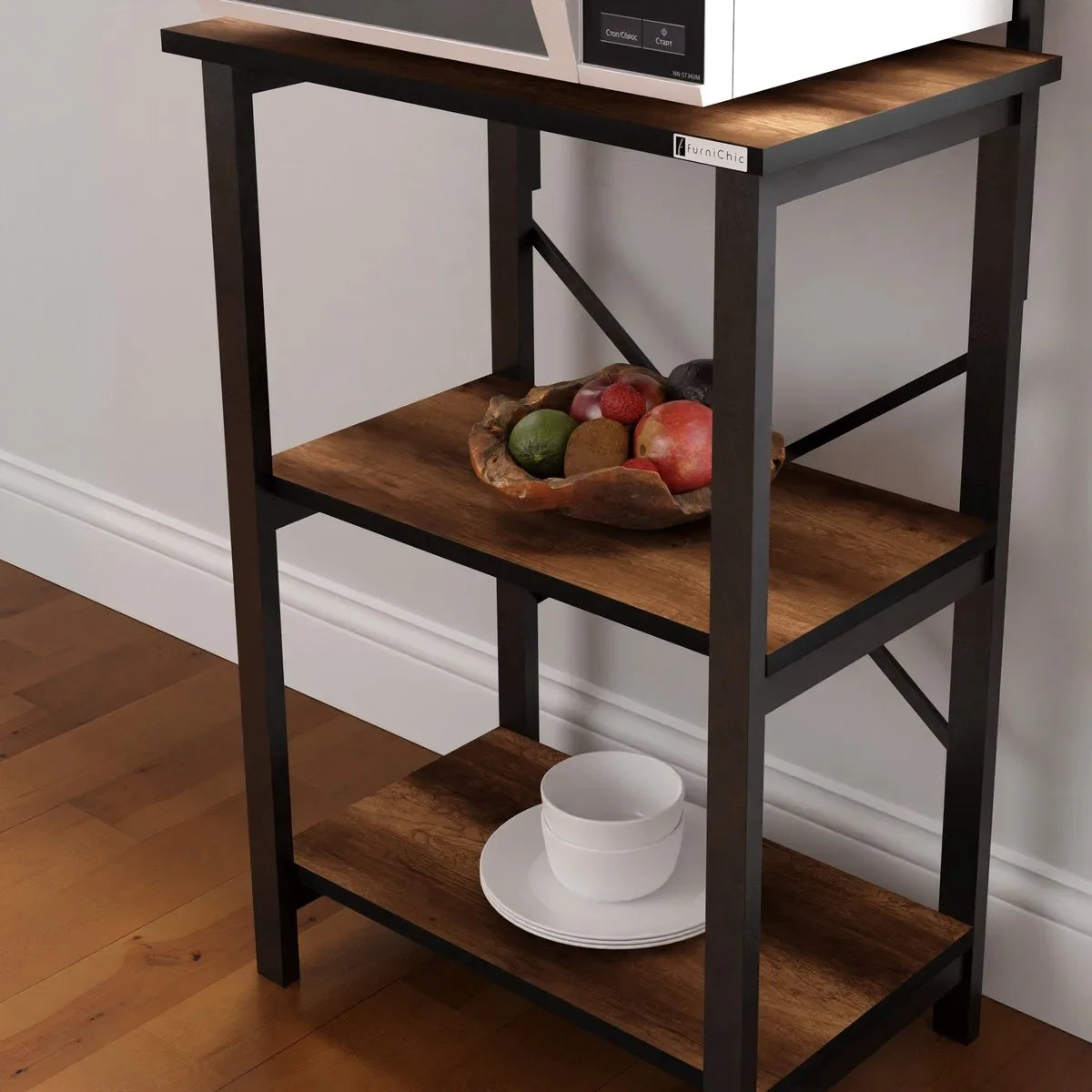 FurniChic - Keukentrolley - Keukenkast - Keukenrek Staand - Industrieel - Bruin- 60x40x128cm – Barok walnoot