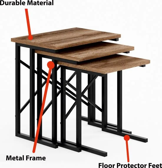 FurniChic - Salontafel Set van 3 - Bruin Sacramento EIK - Industrieel Design - Vierkante Bijzettafels - 35x53x54 cm