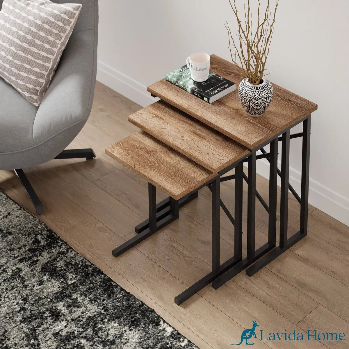 FurniChic - Salontafel Set van 3 - Bruin Sacramento EIK - Industrieel Design - Vierkante Bijzettafels - 35x53x54 cm