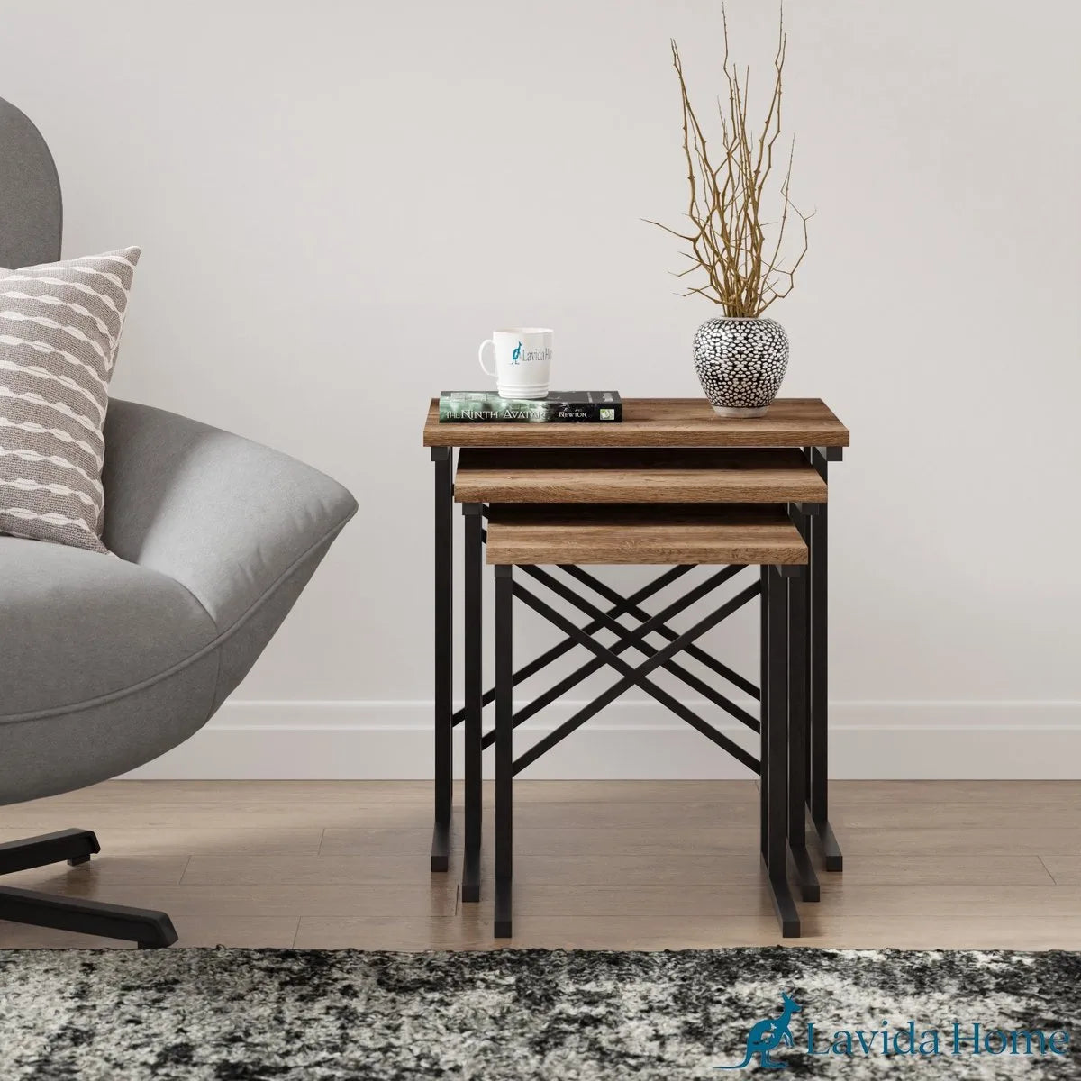 FurniChic - Salontafel Set van 3 - Bruin Sacramento EIK - Industrieel Design - Vierkante Bijzettafels - 35x53x54 cm
