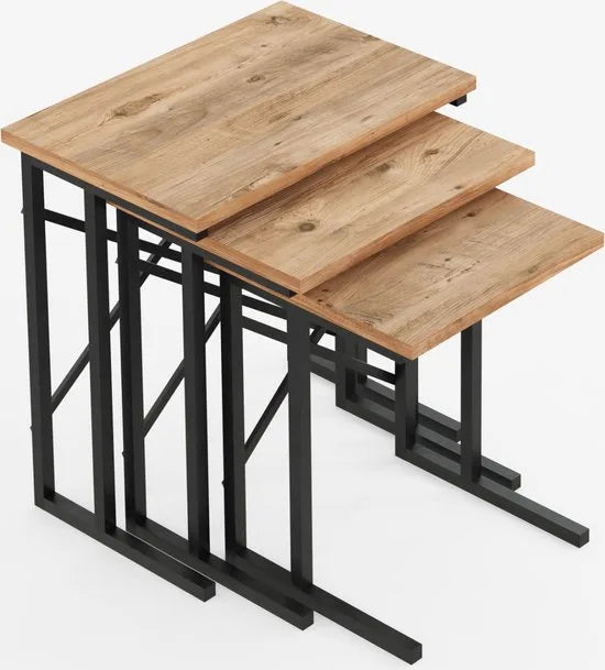 FurniChic - Salontafel Set van 3 - Bruin Sacramento EIK - Industrieel Design - Vierkante Bijzettafels - 35x53x54 cm – Pine (atlantische grenen)