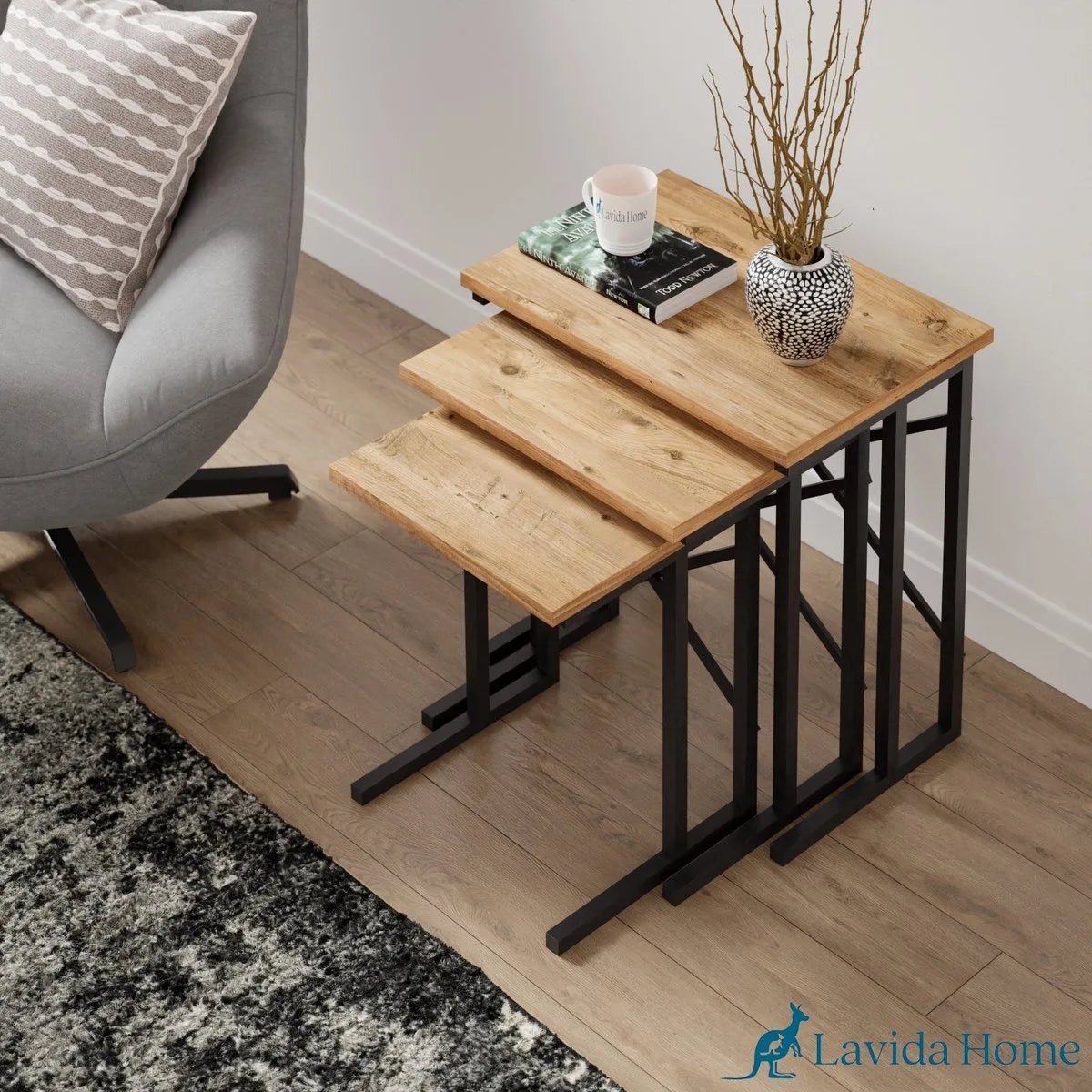 FurniChic - Salontafel Set van 3 - Bruin Sacramento EIK - Industrieel Design - Vierkante Bijzettafels - 35x53x54 cm – Pine (atlantische grenen)