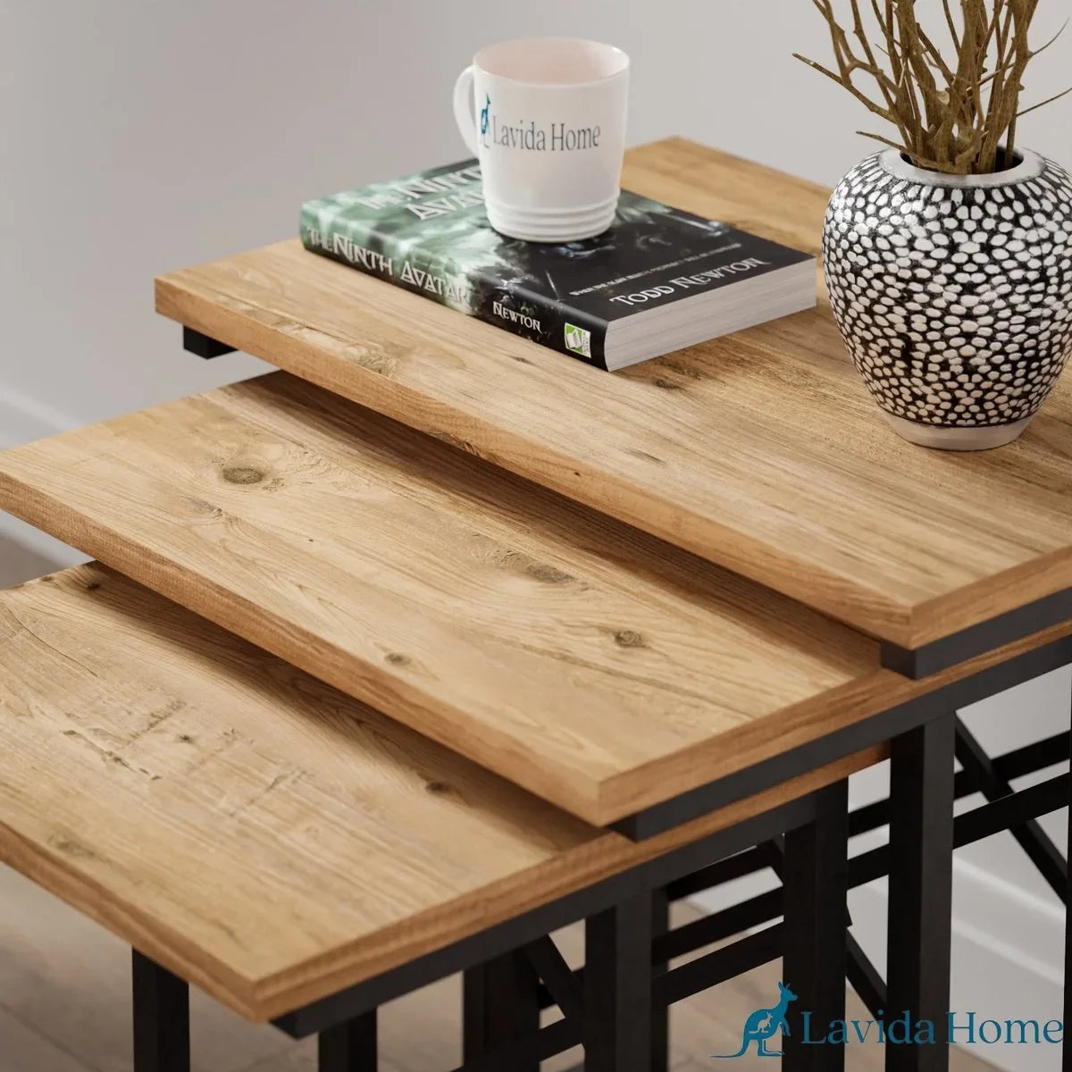FurniChic - Salontafel Set van 3 - Bruin Sacramento EIK - Industrieel Design - Vierkante Bijzettafels - 35x53x54 cm – Pine (atlantische grenen)