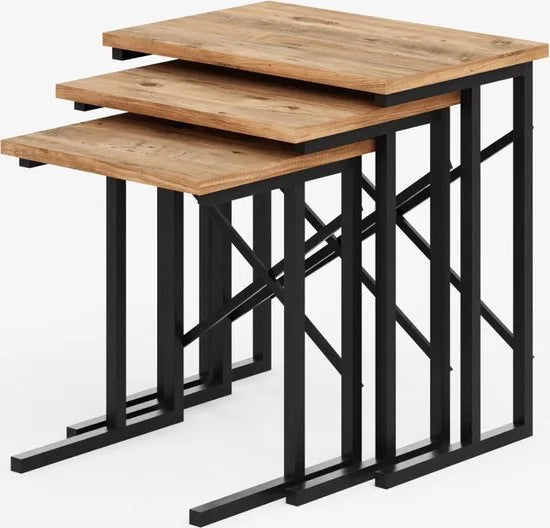 FurniChic - Salontafel Set van 3 - Bruin Sacramento EIK - Industrieel Design - Vierkante Bijzettafels - 35x53x54 cm – Pine (atlantische grenen)
