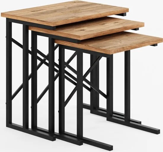 FurniChic - Salontafel Set van 3 - Bruin Sacramento EIK - Industrieel Design - Vierkante Bijzettafels - 35x53x54 cm – Pine (atlantische grenen)