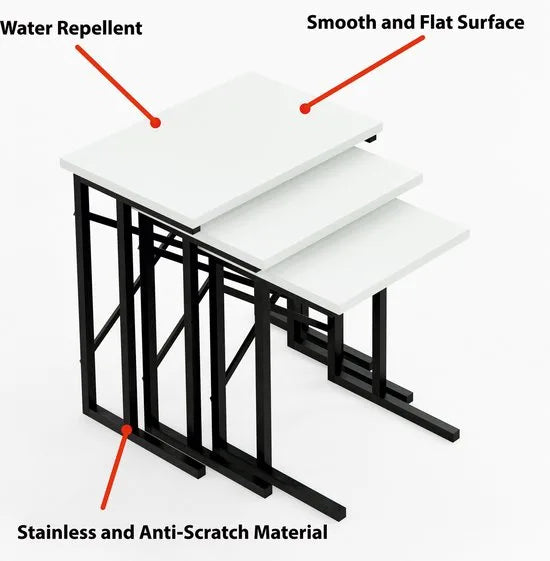 FurniChic - Salontafel Set van 3 - Wit Glanzend Hout - Industrieel Design - Vierkante Bijzettafels - 35x53x54 cm