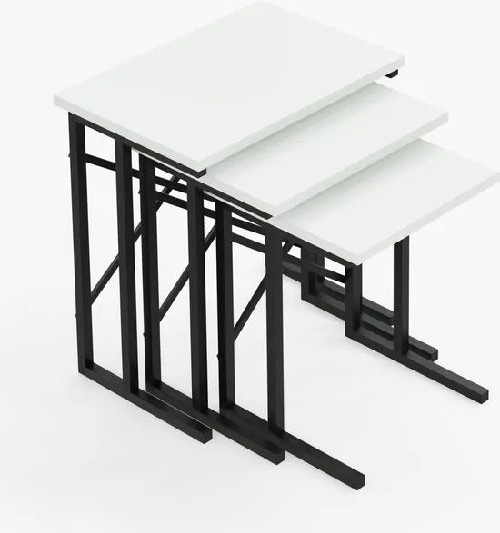 FurniChic - Salontafel Set van 3 - Wit Glanzend Hout - Industrieel Design - Vierkante Bijzettafels - 35x53x54 cm
