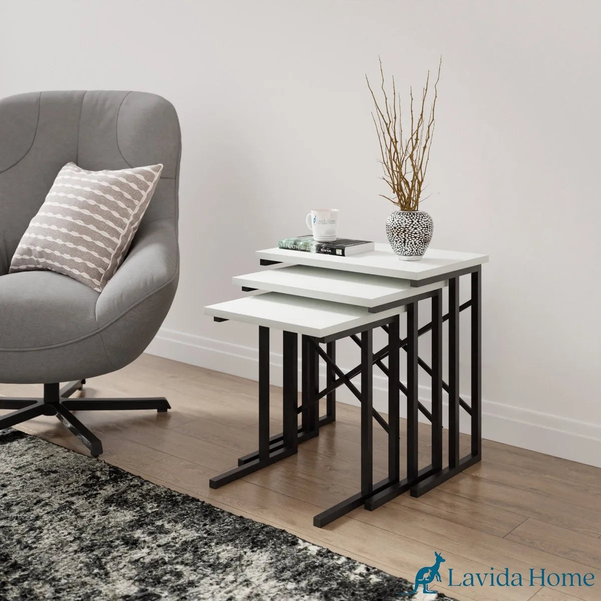 FurniChic - Salontafel Set van 3 - Wit Glanzend Hout - Industrieel Design - Vierkante Bijzettafels - 35x53x54 cm