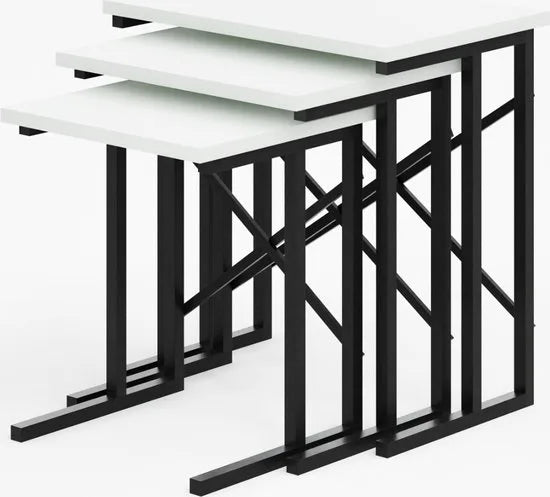 FurniChic - Salontafel Set van 3 - Wit Glanzend Hout - Industrieel Design - Vierkante Bijzettafels - 35x53x54 cm