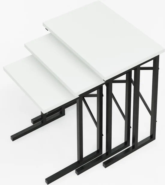 FurniChic - Salontafel Set van 3 - Wit Glanzend Hout - Industrieel Design - Vierkante Bijzettafels - 35x53x54 cm