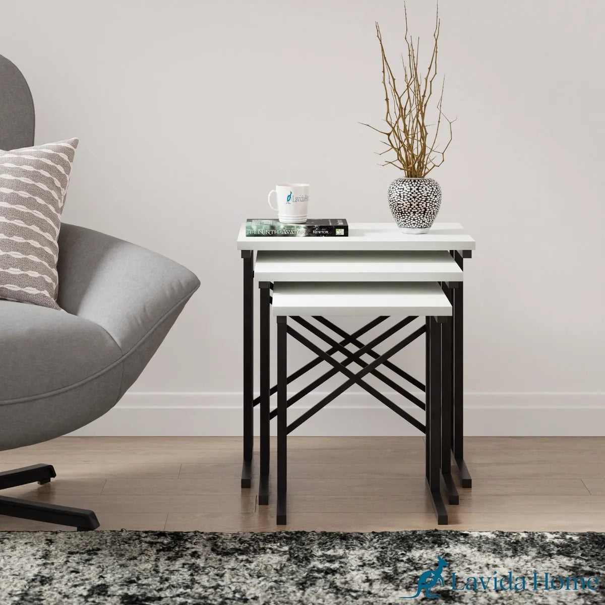 FurniChic - Salontafel Set van 3 - Wit Glanzend Hout - Industrieel Design - Vierkante Bijzettafels - 35x53x54 cm