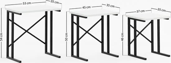 FurniChic - Salontafel Set van 3 - Wit Glanzend Hout - Industrieel Design - Vierkante Bijzettafels - 35x53x54 cm