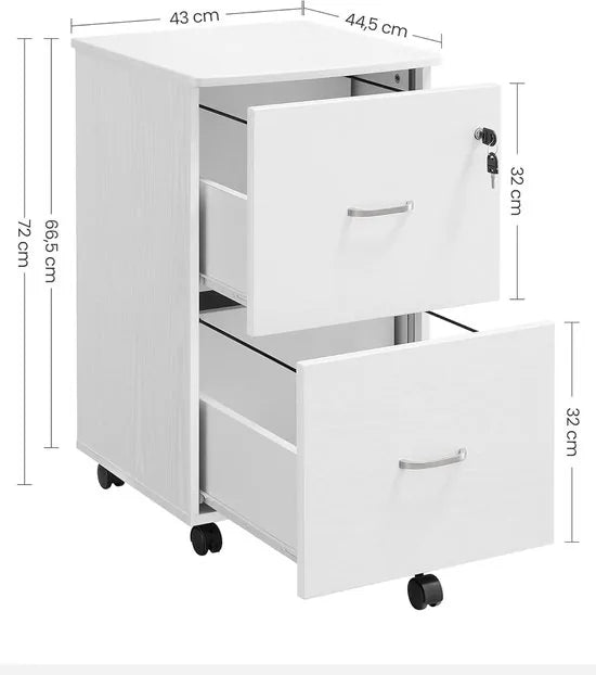 Furnstar 2-Laden Archiefkast Home Office – Verrijdbare File Cabinet met Slot – Printerstandaard – A4 & Letter Formaat – Wit – Compacte Rolling Storage
