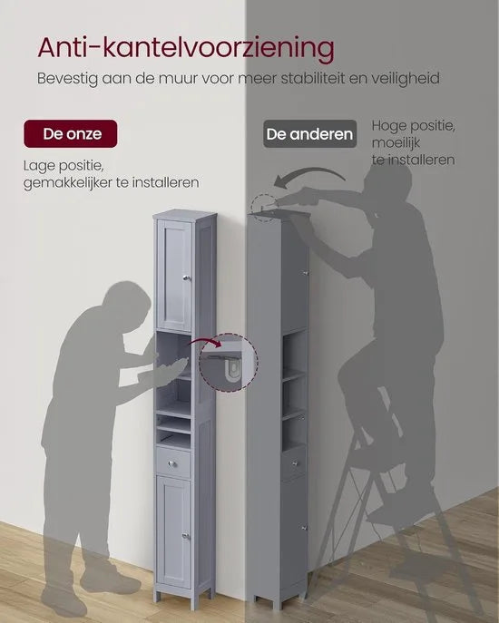 FurnStar Badkamerkast – Hoge Smalle Opbergkast – Met Verstelbare Planken, Lade & Open Vakken – Voor Kleine Ruimtes – Modern Design – Duifgrijs