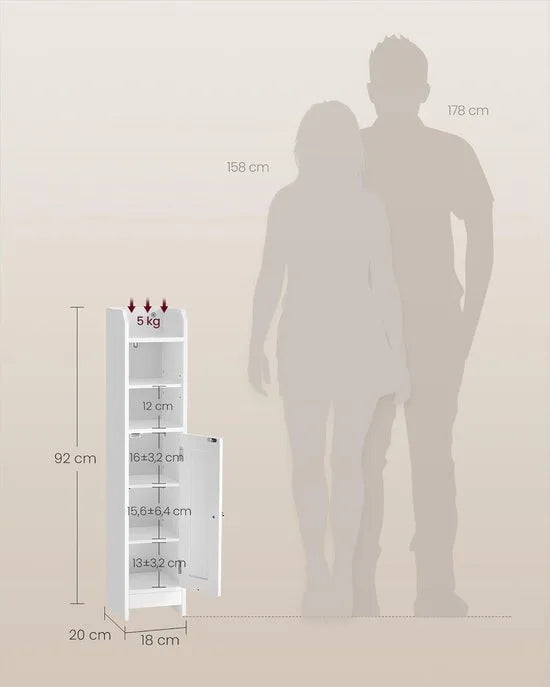 FurnStar – Toiletkast – Smalle badkamerkast met verstelbare planken – Ruimtebesparend badkamerrek – Eenvoudige montage - Met Deur en Verstelbare Planken – MDF – 18 x 20 x 80 cm -Wit – Wolkenwit 20 x 18 x 92cm