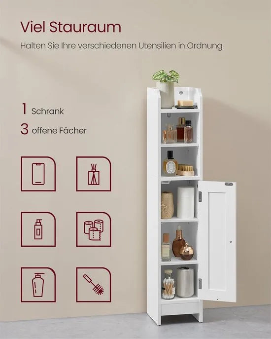 FurnStar – Toiletkast – Smalle badkamerkast met verstelbare planken – Ruimtebesparend badkamerrek – Eenvoudige montage - Met Deur en Verstelbare Planken – MDF – 18 x 20 x 80 cm -Wit – Wolkenwit 20 x 18 x 92cm