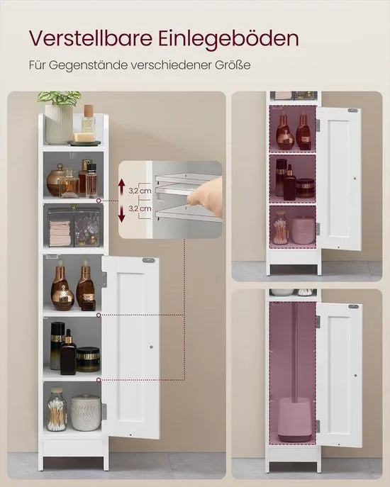 FurnStar – Toiletkast – Smalle badkamerkast met verstelbare planken – Ruimtebesparend badkamerrek – Eenvoudige montage - Met Deur en Verstelbare Planken – MDF – 18 x 20 x 80 cm -Wit – Wolkenwit 20 x 18 x 92cm
