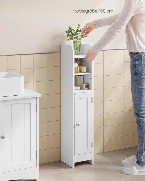 FurnStar – Toiletkast – Smalle badkamerkast met verstelbare planken – Ruimtebesparend badkamerrek – Eenvoudige montage - Met Deur en Verstelbare Planken – MDF – 18 x 20 x 80 cm -Wit – Wolkenwit 20 x 18 x 92cm