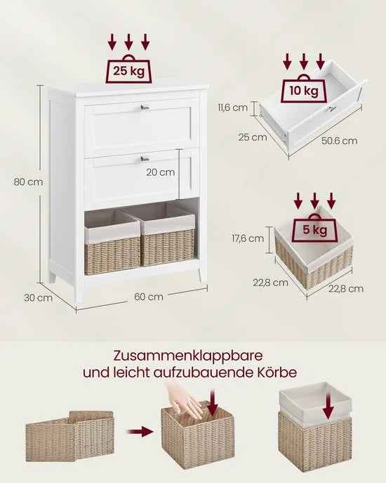 Furnstar Badkamerkast – Opbergkast met 2 Lades en Verstelbare Ladeverdelers – 2 Rattan Mandjes – Staande Kast – 30 x 60 x 80 cm – Wit