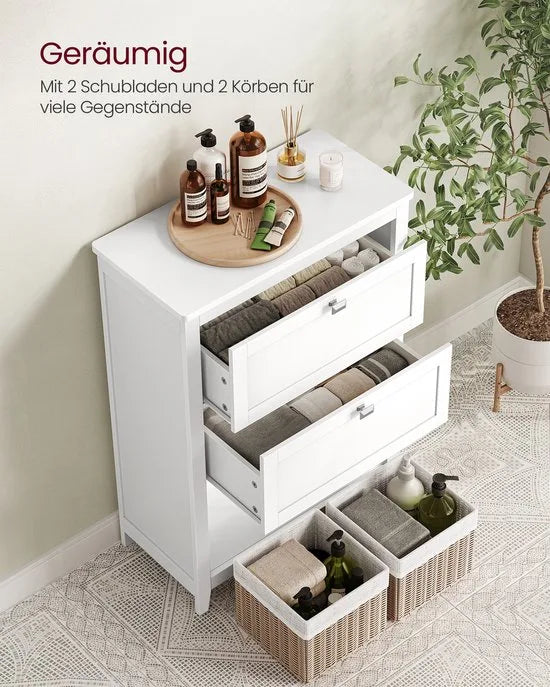 Furnstar Badkamerkast – Opbergkast met 2 Lades en Verstelbare Ladeverdelers – 2 Rattan Mandjes – Staande Kast – 30 x 60 x 80 cm – Wit