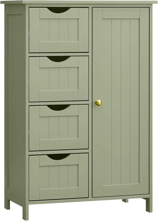 Furnstar - Badkamerkast - Smalle badkamerkast - Bijzetkast - Commode met 4 laden - Met kastdeur en verstelbare plank - 30 x 55 x 82 cm - Lauriergroen