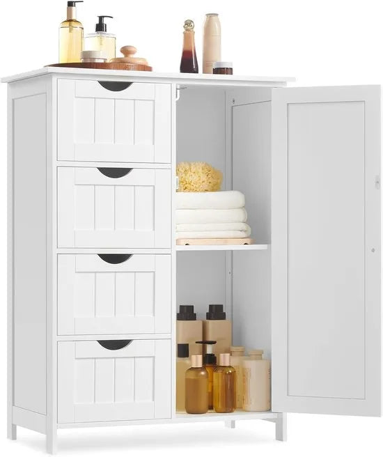 Furnstar - Badkamerkast - Smalle badkamerkast - Bijzetkast - Commode met 4 laden - Met kastdeur en verstelbare plank - 30 x 55 x 82 cm - Inktzwart – Wolkenwit 35 x 65 x 90cm 35 x 65 x 90 cm Wolkenwit (2701)