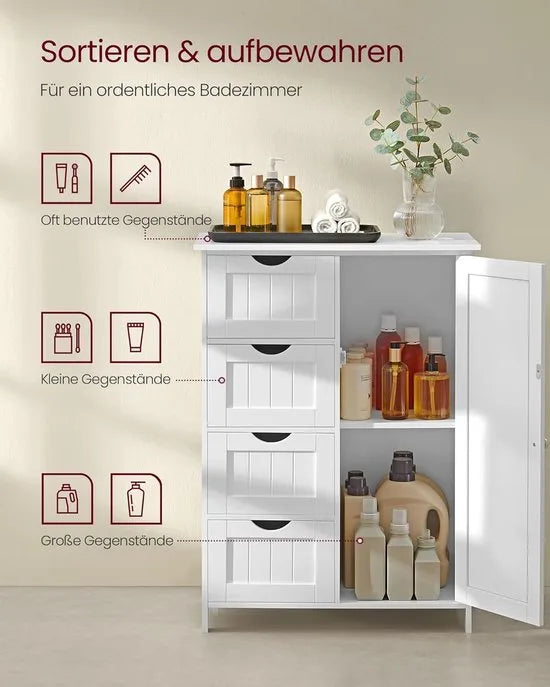 Furnstar - Badkamerkast - Smalle badkamerkast - Bijzetkast - Commode met 4 laden - Met kastdeur en verstelbare plank - 30 x 55 x 82 cm - Inktzwart – Wolkenwit 35 x 65 x 90cm 35 x 65 x 90 cm Wolkenwit (2701)